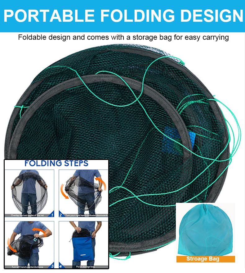 Foldable Fishing Net, Nylon Minnow Trap Crab Trap Crab Net, Drop Net for Pier Fishing, Drop Nets for Pulling Up Fish with Rope, Portable Bridge Fishing Nets for Minnows Crawfish Shrimp - size: 32inch