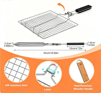 BBQ Grill Basket, 430 Food Grade Stainless Steel Lockable Fish Grill Basket with Removable Handle, Portable Grilling Rack for Whole Fish, Steak, Shrimp and Vegetables, Outdoor Camping Barbecue