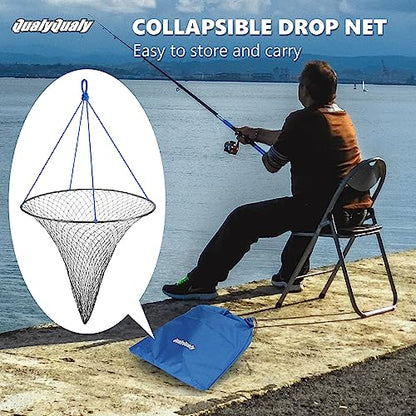 QualyQualy Large Bridge and Pier Fishing Net 32''/39'' Hoop, Foldable Drop Net Pier Fishing for Saltwater with Rope, Landing Net with Nylon Mesh, Collapsible Soft Steel Ring - color: Gray, size: M: 32''×36''