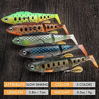 TRUSCEND Shadtale Easy Catch Soft Fishing Lures with BKK Hooks - Trembly Sinking and Vibrating Swim for More Bites, Pre-Rigged Swimbaits for Bass, Trout, Crappie, Walleye, Freshwater Saltwater Fishing - color: D-2.8"-0.3oz
