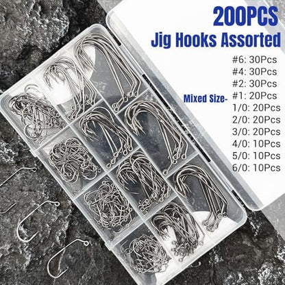 200Pcs 60 Degrees Round Bent Jig Hooks for Molds | Fly Tying Freshwater, For Bass Trout Crappie, 10 Sizes Assorted, 6# 4# 2# 1# 1/0 2/0 3/0 4/0 5/0 6/0
