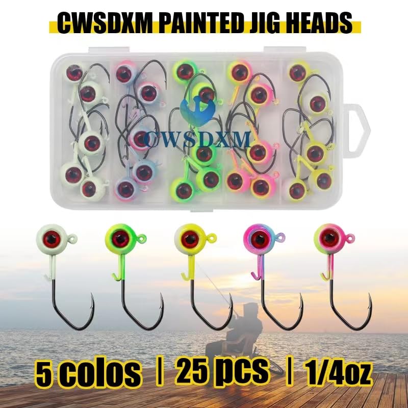 Painted Crappie Jig Heads 3D Eyes Fishing Hooks with Wire Keeper Lures for Crappie Panfish Bass Fishing Jig Hooks Assortment 1/16 oz 1/8 oz 3/16oz 3/8 oz 1/4 oz - size: 1/4 oz - 25 pcs