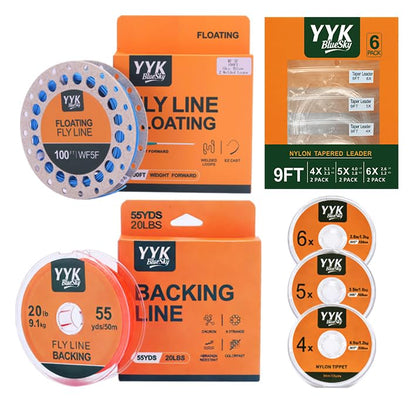 YYKBlueSky Fly Fishing Line Combo, 100ft WF5F Weight Forward Floating Fly Line, 55yds 20lbs Backing Line, 9ft Tapered Leaders 4X/5X/6X, 30m Nylon Tippet 4X/5X/6X Complete Kit
