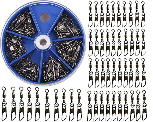 AGOOL Barrel Swivel Snap Kit - 50pcs Barrel Swivels with Safety Snaps High Strength Fishing Quick Connect Snap Swivels with Solid Ring Fishing Tackle Accessories Box Kit Size 4#,6#,8#,10#,12#,14# - color: 50pcs-black