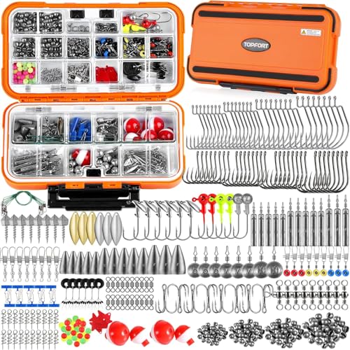 TOPFORT 187/343pcs Fishing Accessories Kit, Organized Fishing Tackle Box with Tackle Included, Fishing Hooks, Fishing Weights Sinkers, Fishing Gear and Equipment, Fishing Gift for Men - color: 343pcs Fishing Accessories kit