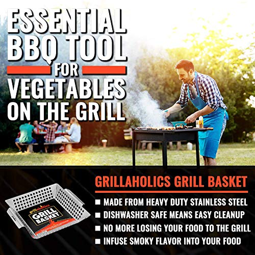 Grillaholics Grill Basket for Outdoor Grill - Durable Premium Stainless Steel Vegetable Grill Basket - XL Family Size BBQ Grill Basket - Perfect Grilling Accessories for Veggies, Fish, Shrimp & Kebabs | Family-Sized | Dishwasher Safe | Stainless Steel | I