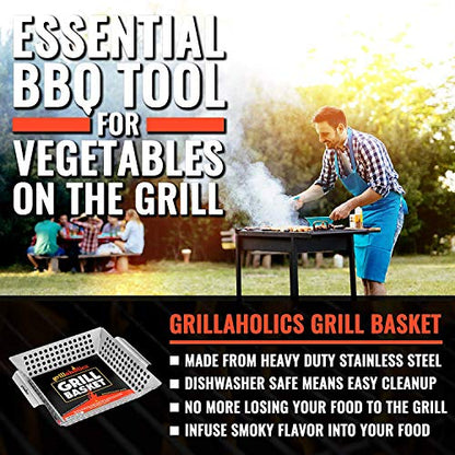 Grillaholics Grill Basket for Outdoor Grill - Durable Premium Stainless Steel Vegetable Grill Basket - XL Family Size BBQ Grill Basket - Perfect Grilling Accessories for Veggies, Fish, Shrimp & Kebabs | Family-Sized | Dishwasher Safe | Stainless Steel | I