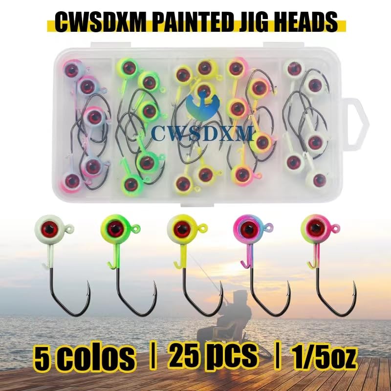 Painted Crappie Jig Heads 3D Eyes Fishing Hooks with Wire Keeper Lures for Crappie Panfish Bass Fishing Jig Hooks Assortment 1/16 oz 1/8 oz 3/16oz 3/8 oz 1/4 oz - size: 1/5 oz - 40 pcs
