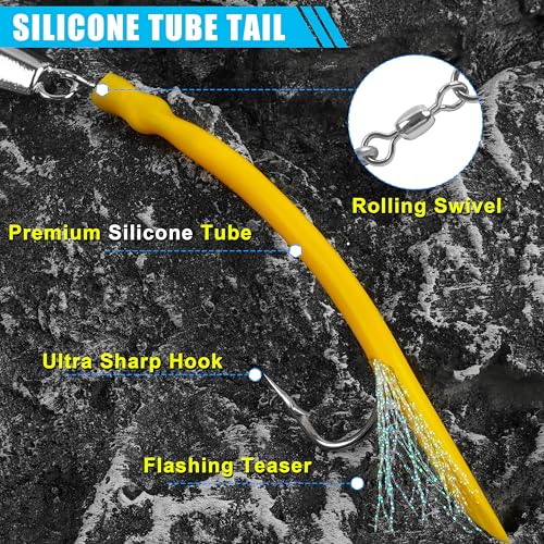 Diamond Jigs Saltwater Fishing Lures, 2Pack Casting Jigging Spoon with Tube Tail Striped Bass Metal Jig Spoons Deep Sea Offshore Surf Fishing 1oz-4oz - size: 1 Ounce, style: Yellow Tube, 2pack