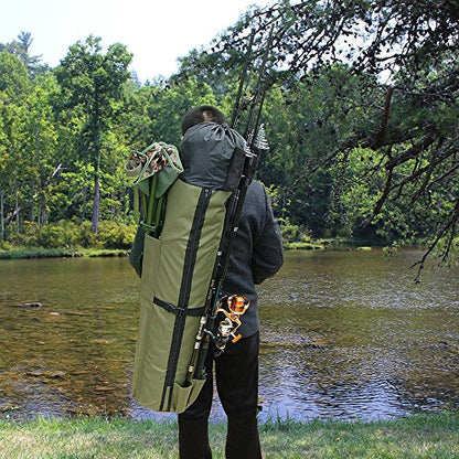 Multifunction Fishing Pole Bag - Waterproof Rod Reel Bag Carrier Case, Durable Canvas Tackle Large Storage Gift for Men Travel, Khaki - color: Khaki Green