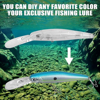 Blank Fishing Lure Kit,Unpainted Popper Plug Lures DIY Crank Bait Set Fishing Pliers Treble Hooks 3D/4D Lure Eyes Bait Sticker Split Rings,Fish Tackle Accessories Kits - color: Lure Kit-12pcs