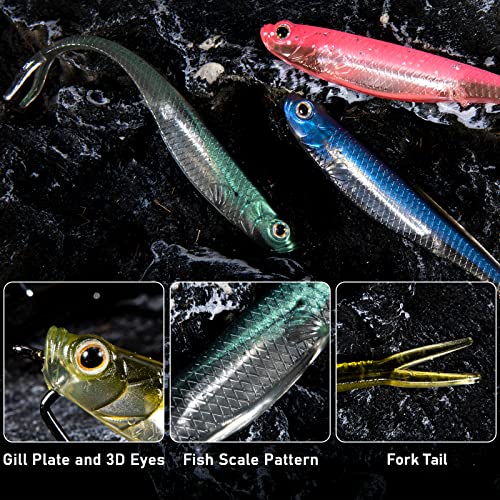 Dr.Fish Soft Plastic Baits, Fork Tail Soft Jerkbait Minnow Lures, 3 to 4-3/4 Inches Soft Swimbaits Jerk Shad Baits Crappie Bass Fishing Lures - color: Blue, size: 3"-6 Pack