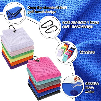 Batiyeer 12 Pcs Golf Towel Bulk for Golf Bags Microfiber Fabric Towel with Clip Waffle Pattern, Fitness, Camping, Hiking, Yoga - color: Vivid Color