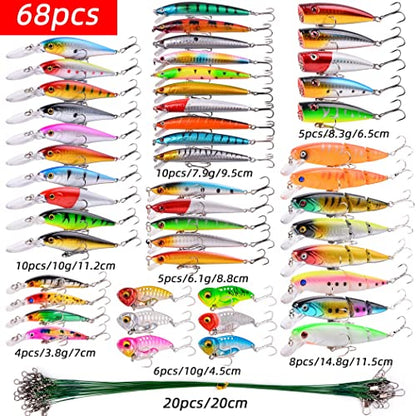 Aorace Fishing Lures Kit Mixed Including Minnow Popper Crank Baits with Hooks for Saltwater Freshwater Trout Bass Salmon Fishing - color: Item-G 68pcs