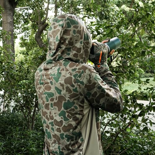 Palmyth Hunting Hoodie with Mask for Men Sun Protection Camo Fishing Shirts | UPF 50+, Mask Neck Gaiter, Quick Dry, 2 Zipper Pockets, Side Mesh Vent, Thumb Loops, Moisture Wicking, Stretchy, Breathable - color: Dotshade Antler, size: Large