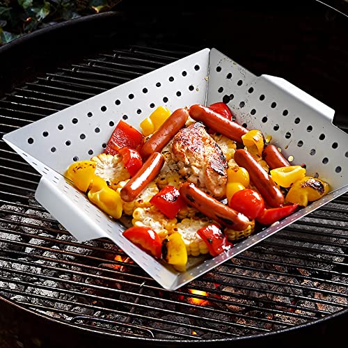 12 Inch Square Grill Basket, Stainless Steel BBQ Basket with Non-Stick Coating, Heat-Resistant Handle for Vegetables, Fish, Shrimp - Fits Gas/Charcoal/Electric Grills (Silver) - style: Grill Basket