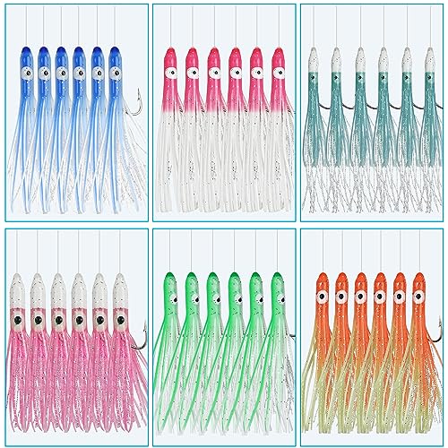 Fishing Bait Rigs Saltwater Set, 6 Packs Squid Bait Lure Rigs Surf Fishing Rigs with Glow Soft Squid Skirt Hook Swivel Snap for Freshwater Saltwater