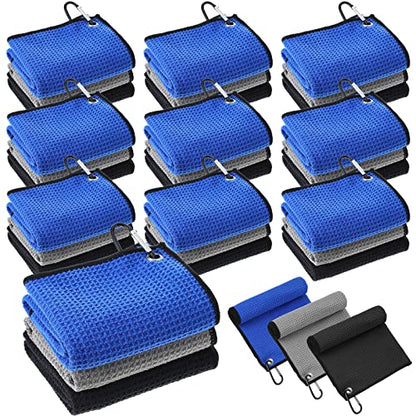 Batiyeer 30 Pcs Bulk Golf Towels for Golf Bags 16'' x 16'' Microfiber Fabric Golf Towel Waffle Pattern with Clip for Bags Men Mini Tournament Fitness Yoga Camping(Black, Blue, Gray) - color: Black, Blue, Gray