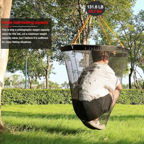 Drasry Large Collapsible Bridge Pier Fishing Net Landing Net with Rod, High Load Aluminum Ring Drop Net for Saltwater and Freshwater Pier Fishing Basket with 49.2 ft. Rope - color: Black, size: 23.6 x 23.6 x 27.5", style: Small Size Mesh