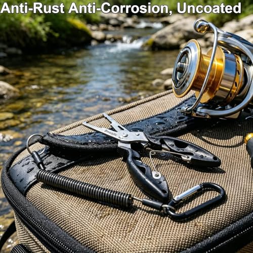 5" Fishing Pliers Scissors with Safety Lock and Anti Loss Rope | Multi-Function Curved Nose Hook Remover, Line Cutter & Open Ring Pliers; Rustproof for Saltwater and Freshwater Use