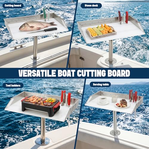 20" Boat Cutting Board, Fishing Filet Table with Tool Holders, CT607 | with Rod, Stainless Steel Ruler, Knife Slots, Plier Storage, Hooks & Cover, for Fishing Boat, Pontoon Boat, Yacht