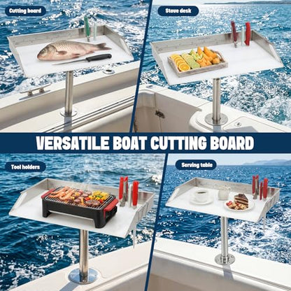 20" Boat Cutting Board, Fishing Filet Table with Tool Holders, CT607 | with Rod, Stainless Steel Ruler, Knife Slots, Plier Storage, Hooks & Cover, for Fishing Boat, Pontoon Boat, Yacht