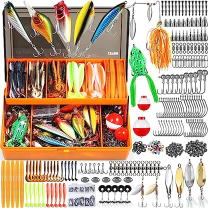 PLUSINNO 353/404 PCS Fishing Lures, Upgrade Fishing Tackle Box with Tackle Included, Crankbaits, Hooks, Weights, Other Accessories, Fishing Lure Bait Gear Equipment Kit Gift for Men Freshwater Bass - color: 404 Pcs Fishing Tackle Kit