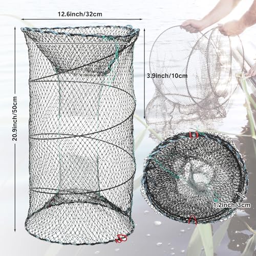 JaGely 5 Pcs Fishing Net Accessories Include Fishing Landing Net with Handle, 26in x 13in Portable Folded Cast Net, 8 Holes 8 Sides Collapsible Fishing Bait Trap, Fishing Keep Net, Drawstring Bag
