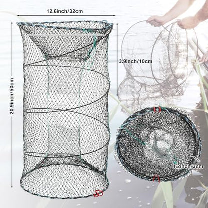 JaGely 5 Pcs Fishing Net Accessories Include Fishing Landing Net with Handle, 26in x 13in Portable Folded Cast Net, 8 Holes 8 Sides Collapsible Fishing Bait Trap, Fishing Keep Net, Drawstring Bag