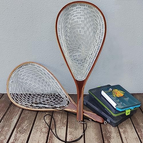 Aventik Fly Fishing Landing Net for Trout Soft Rubber Ghost Mesh Catch and Release Wooden Frame Lightweight and Tangle-Free - style: Round Head
