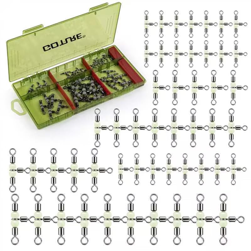 Goture Fishing Swivels, 3 Way Swivels Fishing Tackle, T Shape Cross Line Rolling Swivel with Luminous Beads Saltwater Freshwater,6 Sizes Three Way Barrel Swivel with Removable Dividers Tackle Box