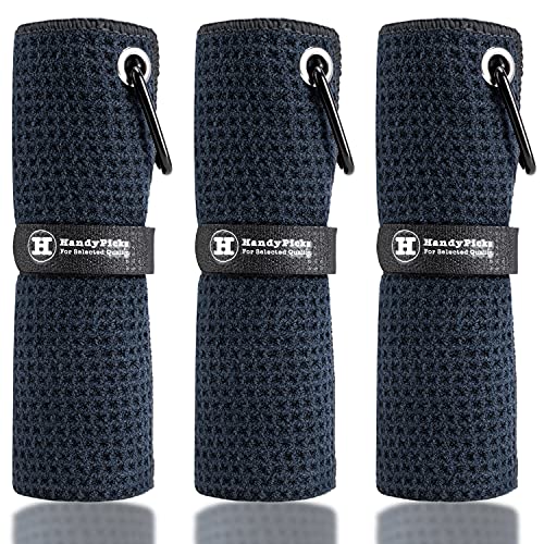 Handy Picks Microfiber Golf Towel (16" X 16") with Carabiner Clip, Waffle Pattern Golf Towel Hook and Loop Fastener - The Convenient Golf Cleaning Towel - color: Black