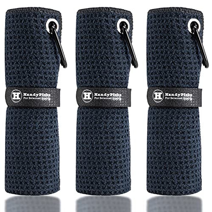 Handy Picks Microfiber Golf Towel (16" X 16") with Carabiner Clip, Waffle Pattern Golf Towel Hook and Loop Fastener - The Convenient Golf Cleaning Towel - color: Black