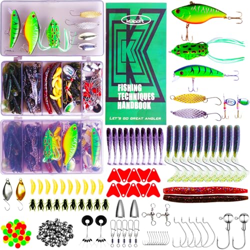 Fishing Lures, 110Pcs Tackle Box with Tackle Included, Crankbaits, Spoon, Frogs, Minnows, Worm Bait, Hooks, Weights & Other Accessories, Freshwater Lure Kit for Bass Walleye Trout