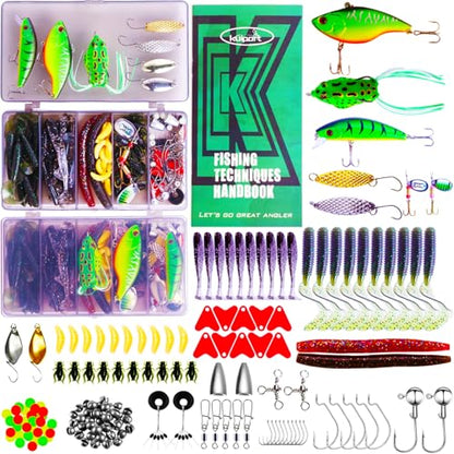 Fishing Lures, 110Pcs Tackle Box with Tackle Included, Crankbaits, Spoon, Frogs, Minnows, Worm Bait, Hooks, Weights & Other Accessories, Freshwater Lure Kit for Bass Walleye Trout