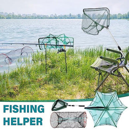 Windyun 3 Pcs Foldable Fishing Net Landing Net with Telescoping Pole Handle Collapsible Crab Trap Hexagon Fishing Bait Trap with Rope and Lure Bag for Crab Crayfish Shrimp - color: Army Green