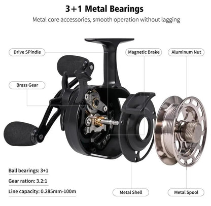 Pack of 1 Inline Fishing Reel Large Spool Diameter Inline Freespool Reel Wear Resistant 3 + 1 BB Ice Fishing Gear for Sea Lake Pond Metal