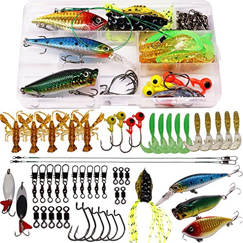 Fishing Lure Set Fishing Spoons Frog Lures Soft Hard Metal Lure Crank Popper Minnow Pencil Jig Hook for Trout Bass Salmon with Tackle Box - color: 53PCS Lures