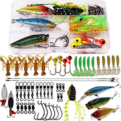 Fishing Lure Set Fishing Spoons Frog Lures Soft Hard Metal Lure Crank Popper Minnow Pencil Jig Hook for Trout Bass Salmon with Tackle Box - color: 53PCS Lures
