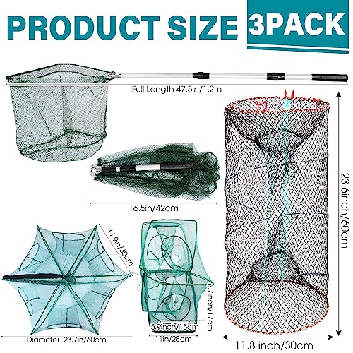 Windyun 3 Pcs Foldable Fishing Net Landing Net with Telescoping Pole Handle Collapsible Crab Trap Hexagon Fishing Bait Trap with Rope and Lure Bag for Crab Crayfish Shrimp - color: Army Green