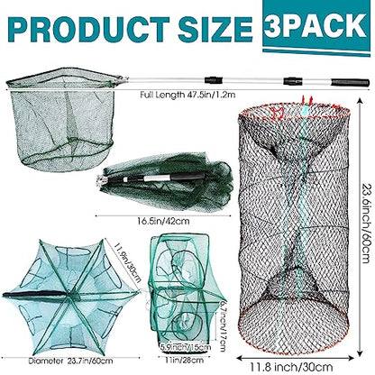 Windyun 3 Pcs Foldable Fishing Net Landing Net with Telescoping Pole Handle Collapsible Crab Trap Hexagon Fishing Bait Trap with Rope and Lure Bag for Crab Crayfish Shrimp - color: Army Green