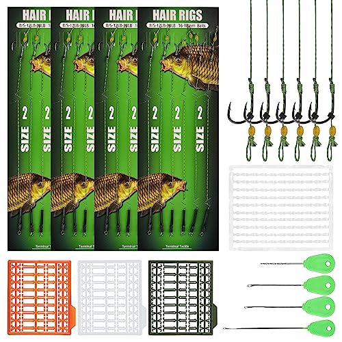 Carp Fishing Hair Rig Kits,26pcs/30pcs Sets Curved Barbed Carp Hook Swivel Boilies Bait Stops and Stringers Needle Fishing Bait Rigs Braided Thread Line Carps Fishing Accessories - color: Size 2# Kit(3 Packs) - 26pcs