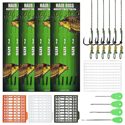 Carp Fishing Hair Rig Kits,26pcs/30pcs Sets Curved Barbed Carp Hook Swivel Boilies Bait Stops and Stringers Needle Fishing Bait Rigs Braided Thread Line Carps Fishing Accessories - color: Size 2# Kit(3 Packs) - 26pcs