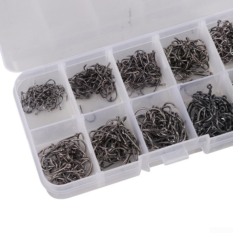 500 Pieces Fishing Hooks Assortment, 10 Sizes #3-#12 Carbon Steel Fishhooks with Storage Box, Black Tackle Kit for Saltwater and Freshwater Fishing