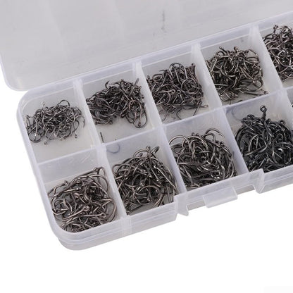 500 Pieces Fishing Hooks Assortment, 10 Sizes #3-#12 Carbon Steel Fishhooks with Storage Box, Black Tackle Kit for Saltwater and Freshwater Fishing