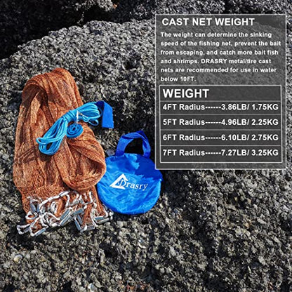 Drasry Saltwater American Fishing Cast Net 3/8inch Mesh Size for Bait Shrimp Trap Fish Heavy Duty Sinkers Throw Net 3FT/4FT/5FT/6FT/7FT/8FT/9FT/10FT Radius - color: yellow, size: 5FT Radius, style: Zinc-iron--tire Lines -3/8" Mesh 1lb/Ft