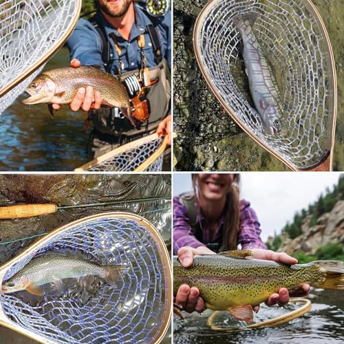 Hipicute Fly Fishing Net, Trout Net, Wooden Frame Fly Fishing Landing Net with Soft Rubber Mesh for Catch and Release, Lightweight Fish Net for Trout Bass, Fly Fishing Gear for Stream Fishing - color: White-01, style: Rectangle Holes