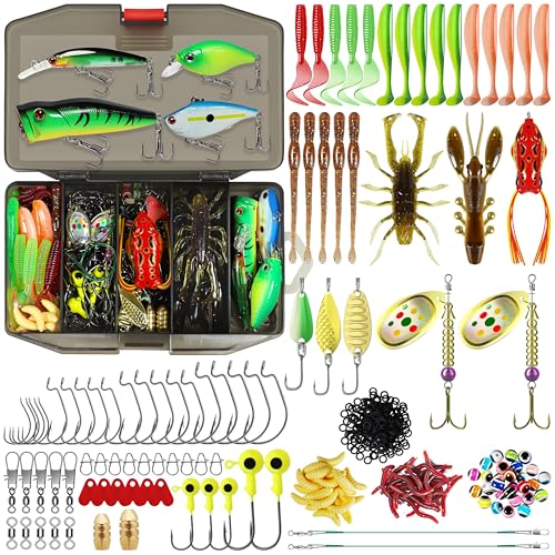 TRUSCEND Complete Fishing Lures - Tackle Box with Tackle Included - Crankbaits, Minnows, Frogs, Vibes, Poppers, Spinners, Spoons, Soft Baits, Hooks & Weights Accessories Kit for Bass Panfish Trout - color: A-128pcs Economic Kit