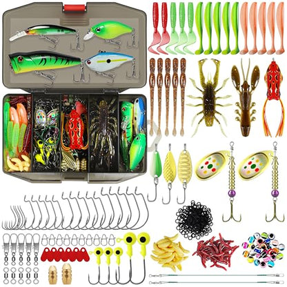 TRUSCEND Complete Fishing Lures - Tackle Box with Tackle Included - Crankbaits, Minnows, Frogs, Vibes, Poppers, Spinners, Spoons, Soft Baits, Hooks & Weights Accessories Kit for Bass Panfish Trout - color: A-128pcs Economic Kit