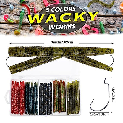 Goture Wacky Worm Fishing Lure Kit with Soft Plastics, Wacky Rig Tools, O-Rings, Worm & Drop Shot Hooks, Beads, Weights & Tackle Box - color: C-50pcs 3" Wacky Worms &10pcs Hooks with Box
